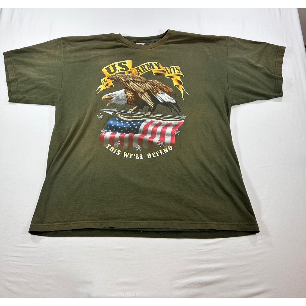 Bayside US Army Eagle Graphic T-Shirt 2XL Olive Green Made in USA Distressed